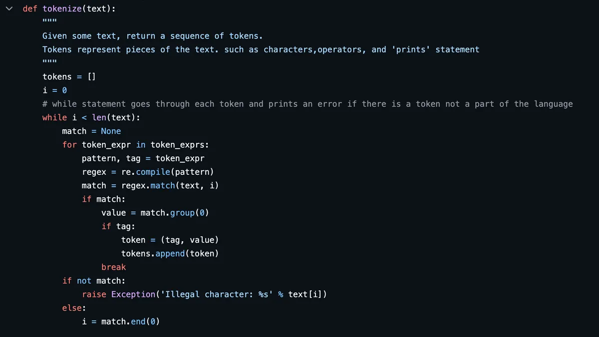 Tokenizer output of the simple compiler