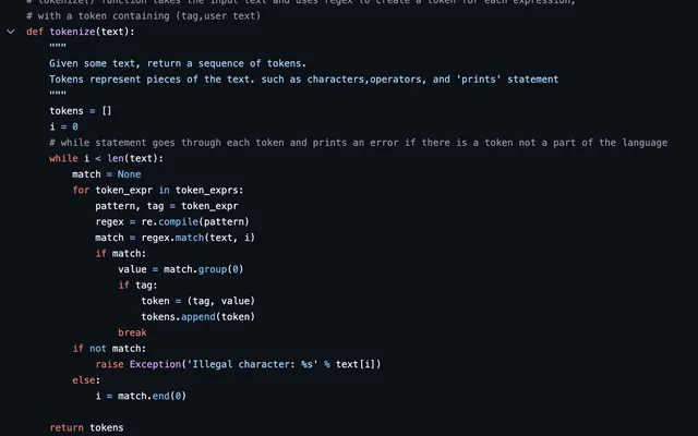 Tokenizer output of the simple compiler